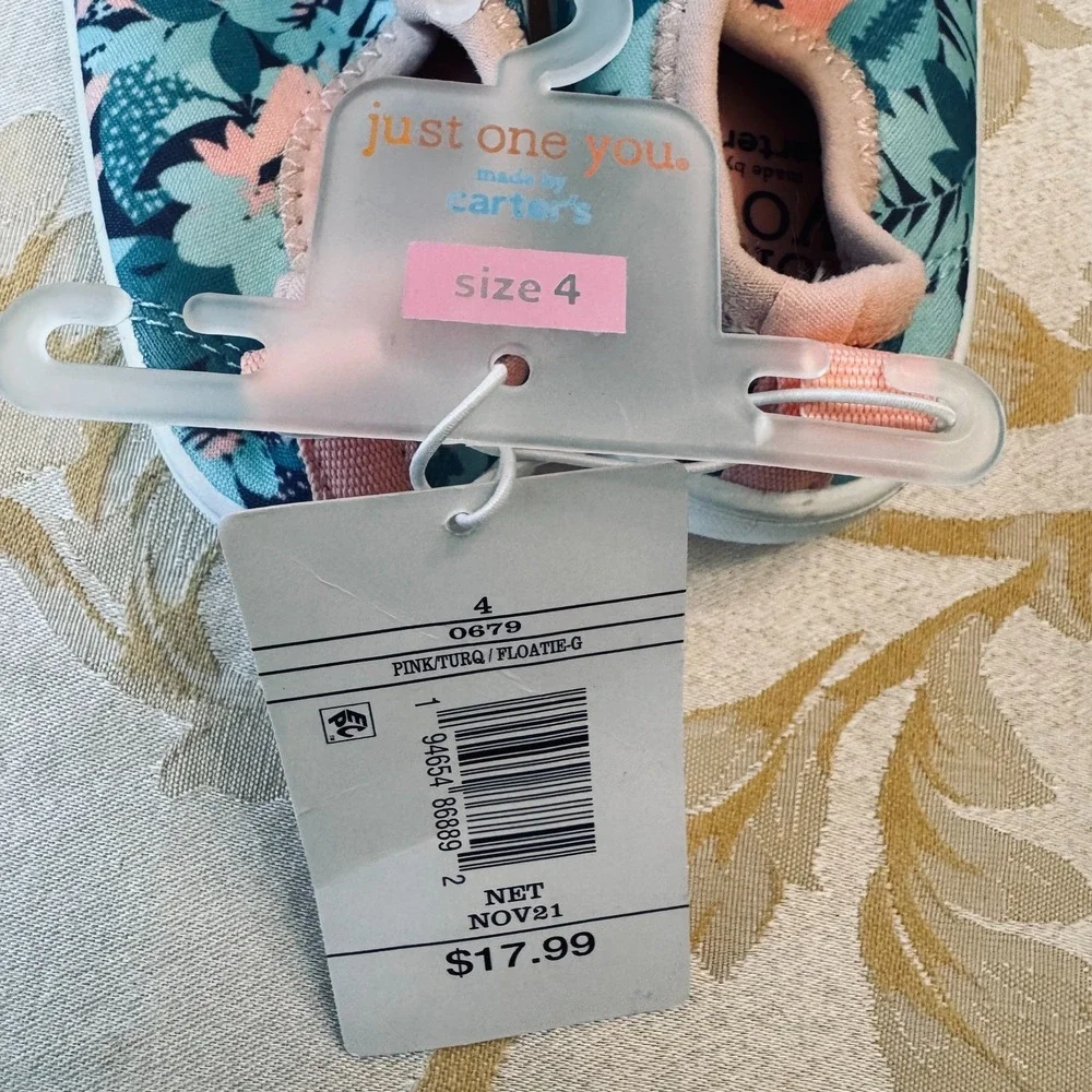 Just One You Carter's Girls Size 4 Floral Slip On Casual Shoes Aqua Pink NWT